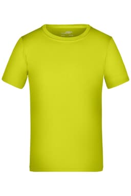 A short-sleeved T-shirt in bright lime green, featuring a plain design and a brand logo.