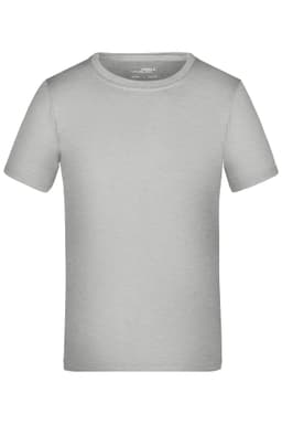A grey short-sleeved T-shirt with a round neck and a logo on the inside label.