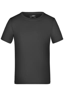 A black short-sleeved T-shirt with a round neckline and a branding label inside.