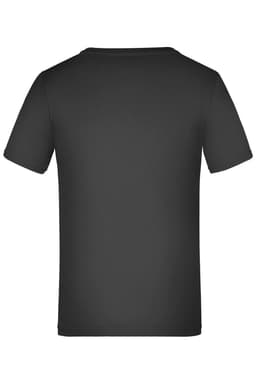 A black T-shirt with short sleeves, featuring a plain back design and a logo at the neck.