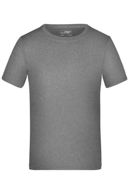 A grey short-sleeved T-shirt with a round neck and a branding label.