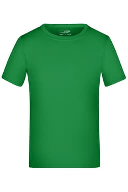 A green T-shirt with a classic crew neckline and short sleeves. It features a logo on the inner label.