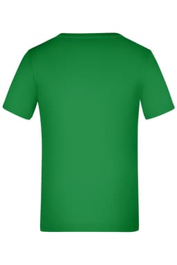 A green T-shirt with a plain back and short sleeves, featuring a logo or branding.