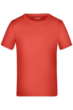 A red short-sleeve T-shirt with a plain design and a small logo on the label.