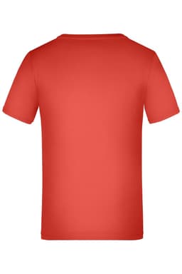A red T-shirt with short sleeves, featuring a plain back and a logo branding.