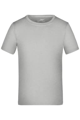 A grey t-shirt featuring short sleeves and a round neckline. It has a simple design with a logo.