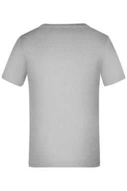 A grey T-shirt with short sleeves and a plain back. It features a logo on the lower side.