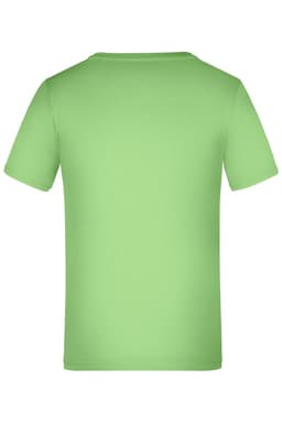 A plain green T-shirt with a short sleeve design and a crew neck, featuring a branding logo.