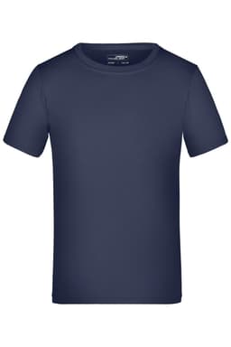 A navy blue t-shirt with short sleeves, featuring a branding logo on the collar.