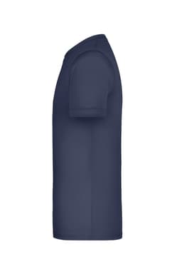 A navy blue T-shirt featuring short sleeves and a side view silhouette. It has a logo on the fabric.