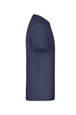 A navy blue T-shirt displayed from the side, featuring short sleeves and a fitted design. It has a logo.