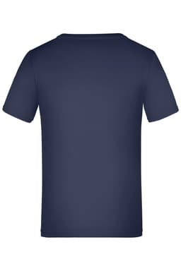 A navy blue T-shirt with a round neckline and short sleeves, featuring a logo on the back.