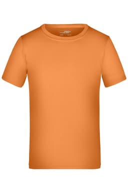 An orange T-shirt with a round neckline and short sleeves, featuring a logo.