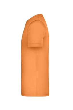 An orange T-shirt with short sleeves, featuring a logo on the side.