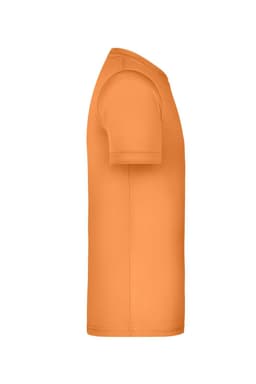 An orange T-shirt displayed from the side, featuring a smooth fabric and a short sleeve design. It includes a logo.