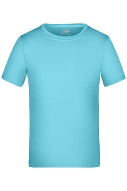 A short-sleeved t-shirt in a bright turquoise colour, featuring a simple design and a logo.