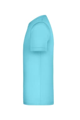 A turquoise T-shirt featuring short sleeves, shown from the side, with a simple design and branding.