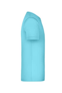 A side view of a turquoise t-shirt with short sleeves, featuring a subtle logo on the fabric.