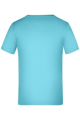 A blue T-shirt with short sleeves, featuring a plain back and a logo on the label.