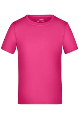 A pink T-shirt with short sleeves, featuring a tag and a brand logo.