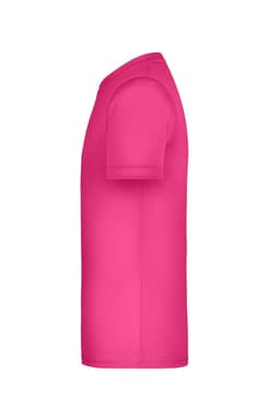 A pink T-shirt in a side view, featuring a simple design and a smooth fabric texture. It has a logo on the garment.
