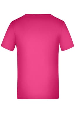 A bright pink T-shirt with short sleeves and a classic cut, featuring a logo on the back.
