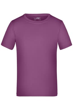 A purple short-sleeved T-shirt with a round neckline. It features a simple design and has a logo.
