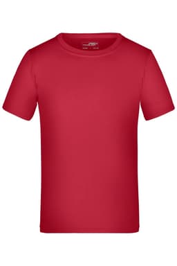 A red T-shirt featuring a round neck and short sleeves, with a logo on the label inside.