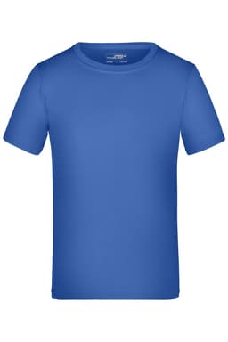 A blue T-shirt with short sleeves and a round neckline, featuring a logo on the label.