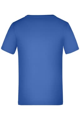 A blue short-sleeved T-shirt featuring a plain design and a logo on the back.