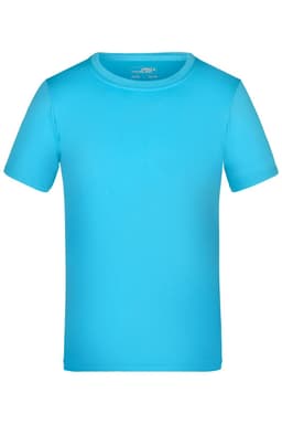 A bright blue short-sleeved t-shirt featuring a logo. Suitable for active wear.