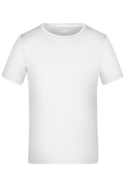 A white short-sleeve T-shirt with a round neckline, featuring a logo on the fabric.