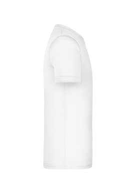A white t-shirt displayed from the side, featuring a simple design and a logo.