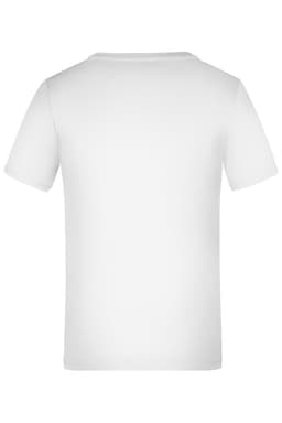 A plain white t-shirt with short sleeves and a round neckline, featuring a logo on the back.