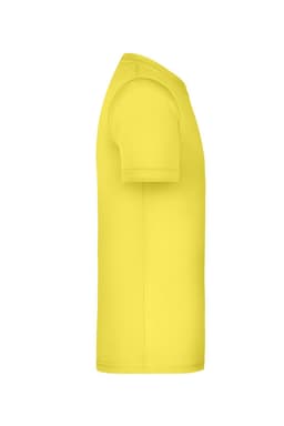 A bright yellow T-shirt with a short sleeve design, featuring a logo on the front side.