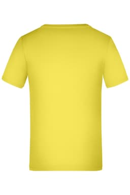 A bright yellow t-shirt with a short-sleeved design and a plain back. It features a logo on the label.