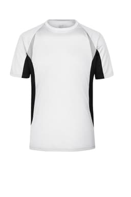 A men's running T-shirt featuring a white body with black and grey accents, and a logo on the front.
