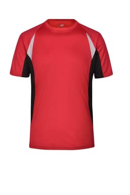 A red men's running t-shirt with black and white accents, featuring a logo on one side.