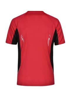 A red and black men's running T-shirt featuring a logo and contrasting side panels.