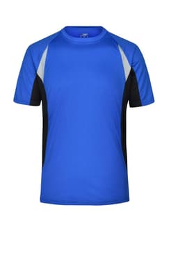 A blue men's running T-shirt with black and grey accents, featuring a logo. Short sleeves and a breathable design.