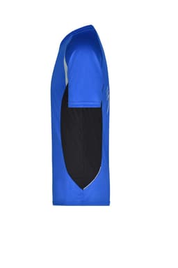 A men's running T-shirt in blue with black side panels and a logo. The design features a sporty cut.