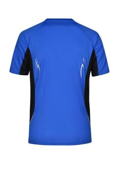 A blue and black men's running T-shirt with a logo, featuring short sleeves and a sporty design.