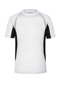 A short-sleeve men's running T-shirt in white with black and grey panels. Features a logo on the front.