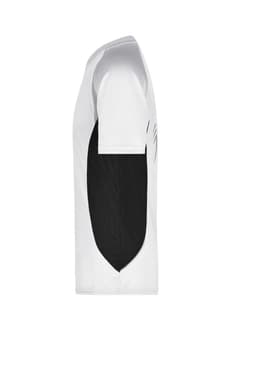 A men's running T-shirt featuring a white body with a black side panel and a logo.