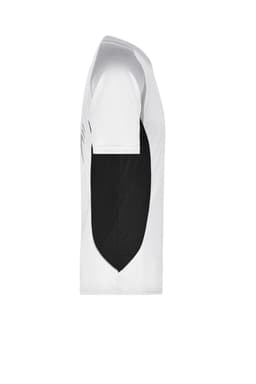 A white and black men's running T-shirt featuring short sleeves and a side view design. It has a logo on the front.