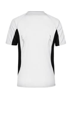 A white and black men's running T-shirt with contrast side panels and a logo on the back.
