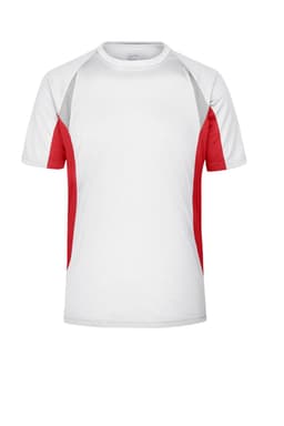 A men's running T-shirt in white with red and grey accents. It features short sleeves and has a logo.