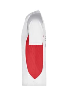 A men's running T-shirt featuring a white body and red accents, with a logo on the side.