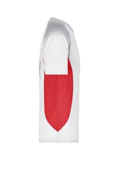 A white men's running T-shirt featuring red side panels and a logo.