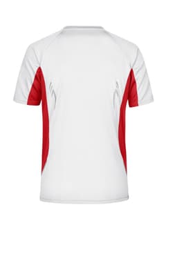 A men's running T-shirt featuring a white body with red sleeves and a logo on the back.